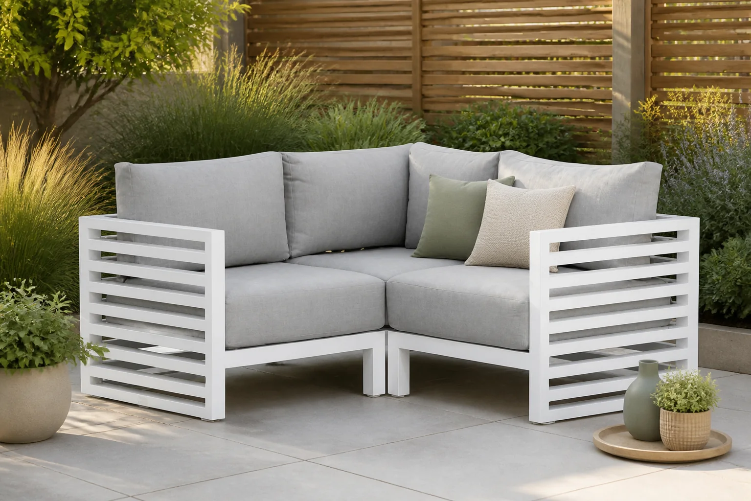 Sfeerfoto van Santika Furniture Jaya hoek loungeset 3-delig – Wit