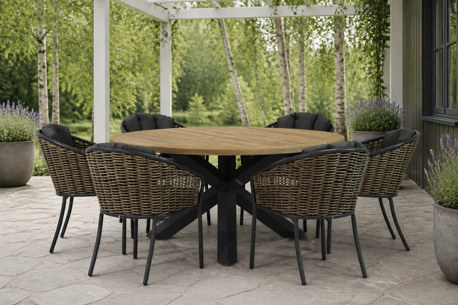 Sfeerfoto van Santika Furniture Tika/Rockville 160 cm dining tuinset 7-delig – Grijs-antraciet