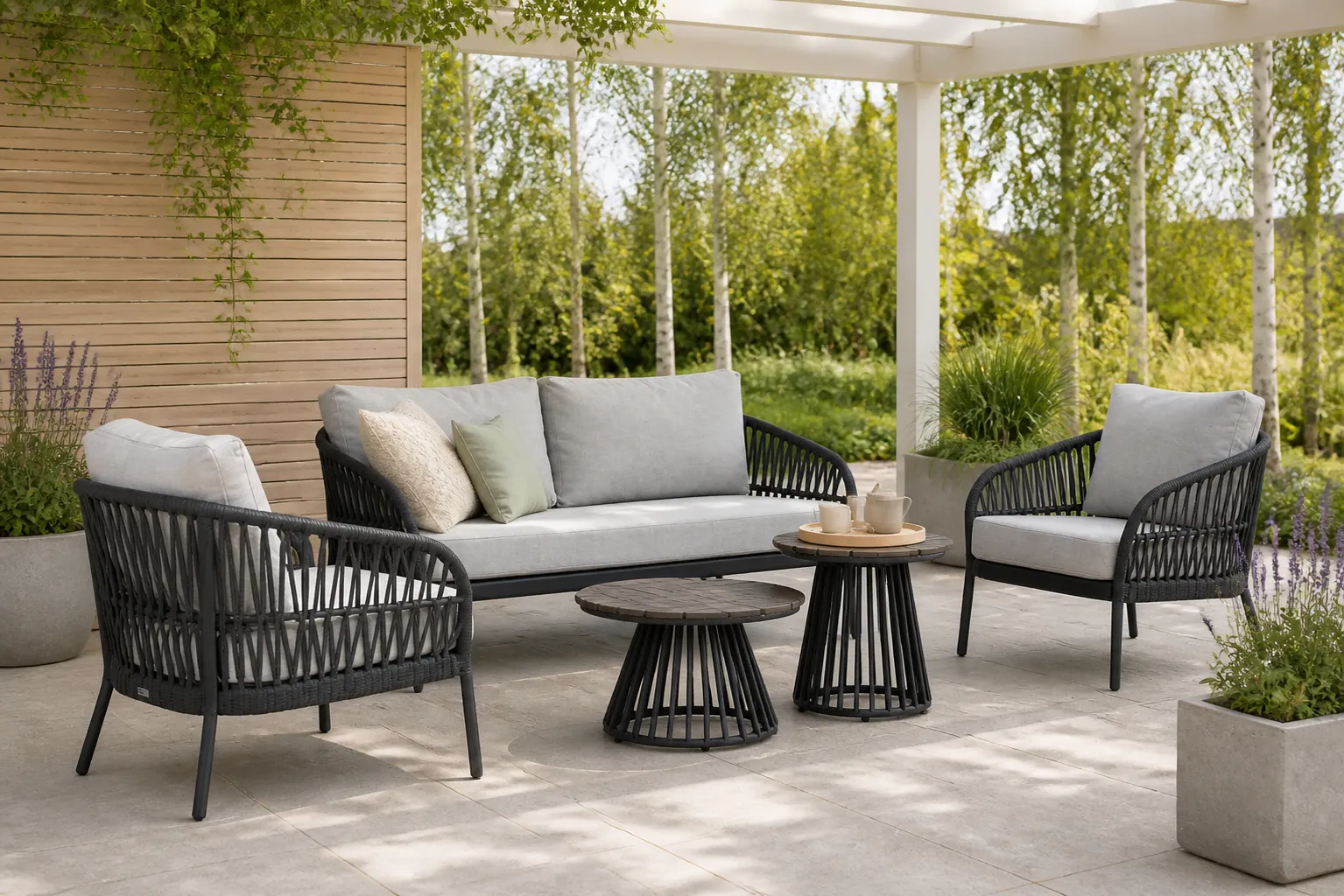 Sfeerfoto van Coco Puerto/Sorrento 45/60 cm stoel-bank loungeset 5-delig – Grijs-antraciet