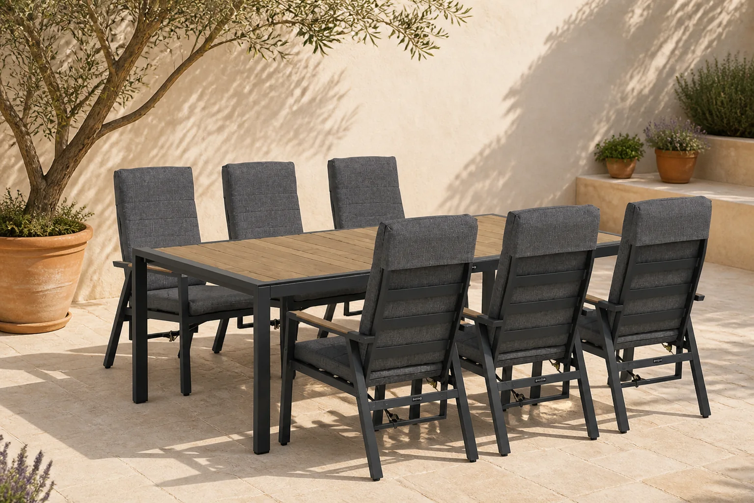 Sfeerfoto van Lifestyle Garden Furniture Marseille/Valence 240 cm dining tuinset 7-delig – Grijs-antraciet