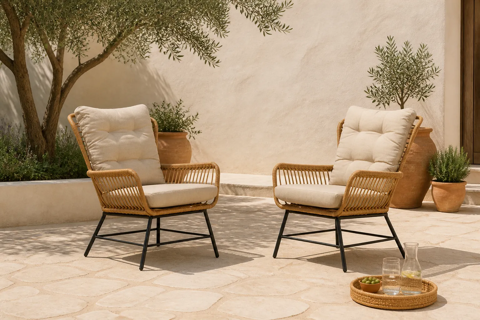 Sfeerfoto van BUITEN living Dex loungestoel tuin set van 2 | wicker + aluminium | Bamboo taupe – Taupe – Naturel – Bruin