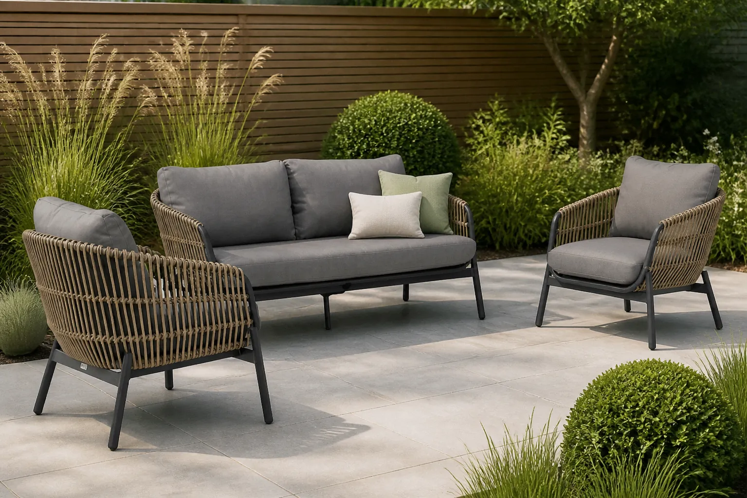 Sfeerfoto van Coco Nathan stoel-bank loungeset 3-delig – Taupe-naturel-bruin