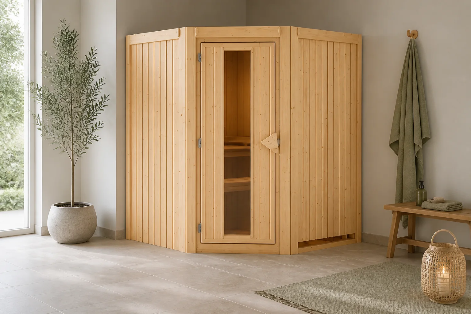 Sfeerfoto van Karibu | Tonja Sauna met Dakkraag | Helderglas Deur | Kachel 3,6 kW Geïntegreerde Bediening