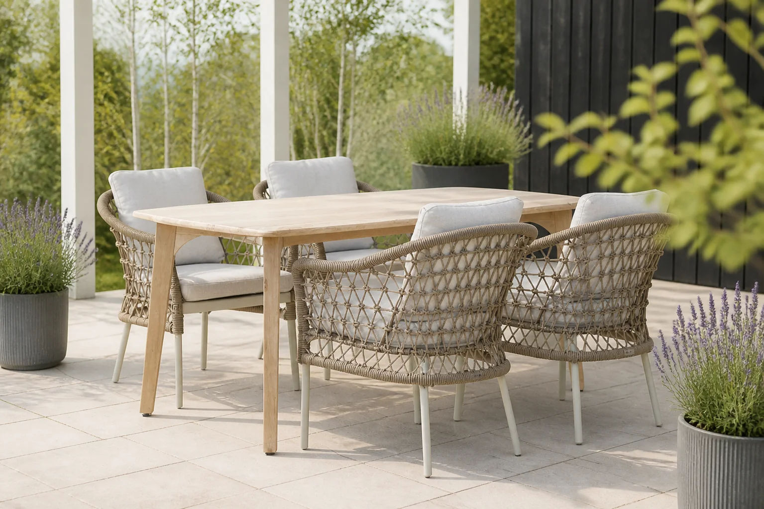 Sfeerfoto van Coco Bali/Almeria 170 cm dining tuinset 5-delig – Taupe-naturel-bruin