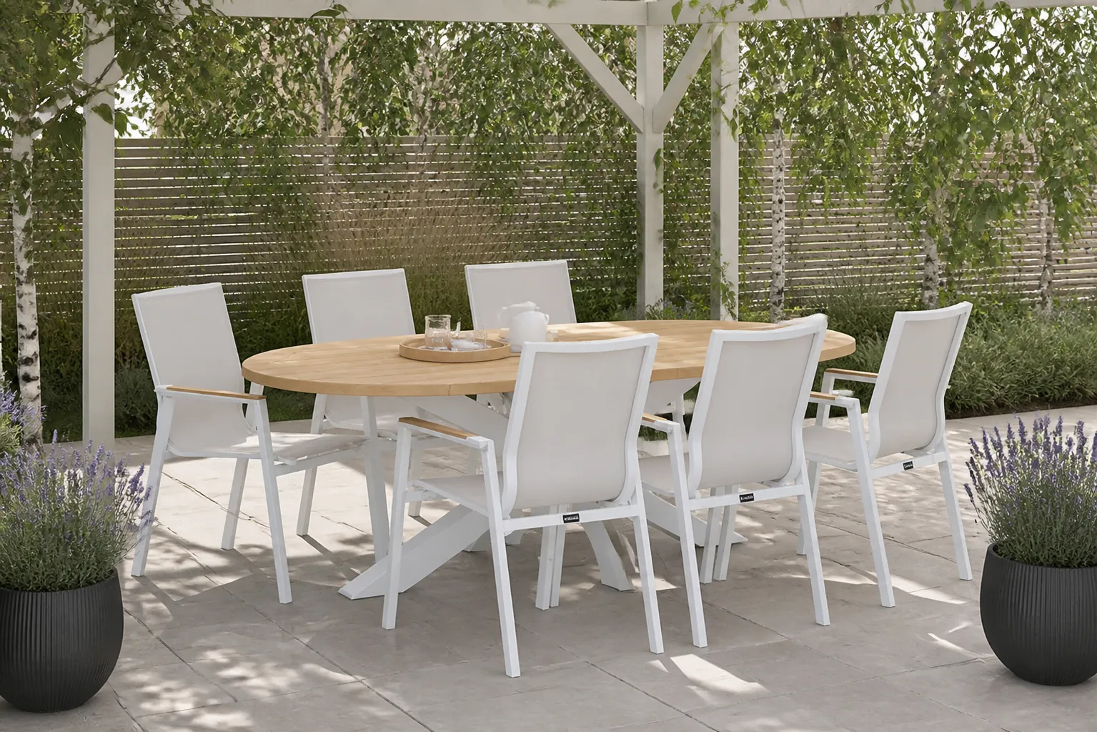 Sfeerfoto van Lifestyle Garden Furniture Fiora/Bradford 240 cm dining tuinset 7-delig – Wit