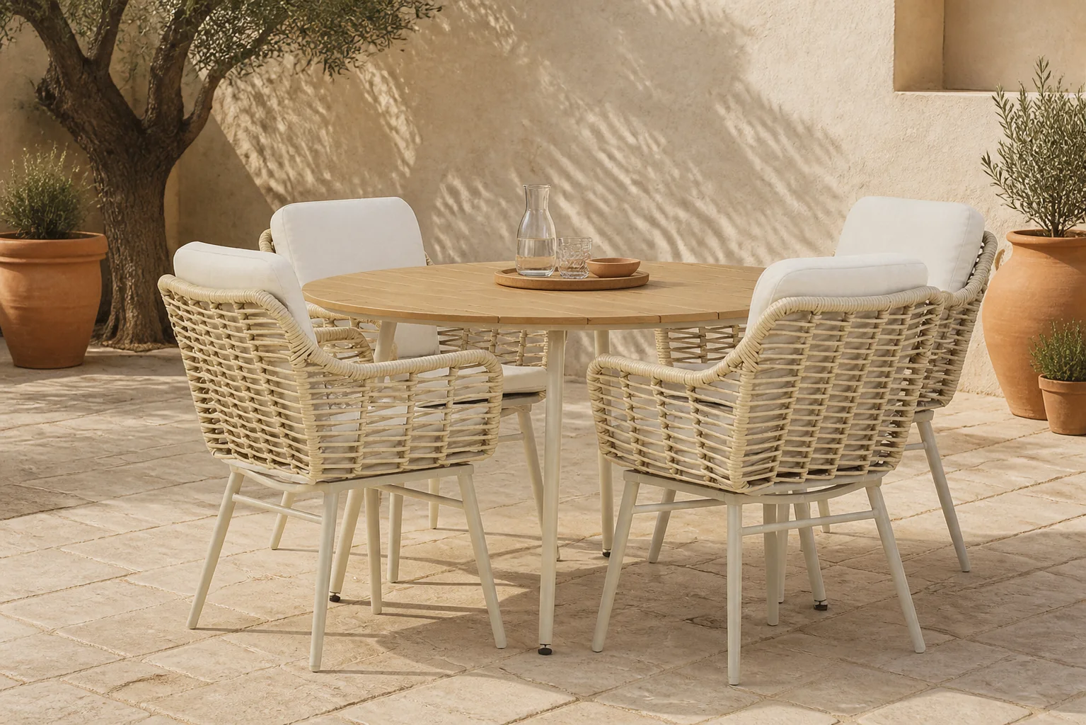 Sfeerfoto van Coco Antoni/Matale 125 cm dining tuinset 5-delig – Taupe-naturel-bruin