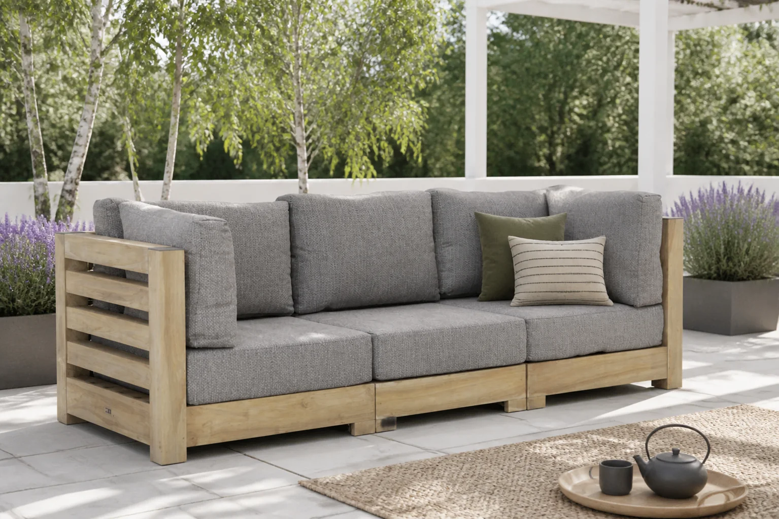 Sfeerfoto van Santika Furniture Levante lounge tuinbank 3-delig – Old teak greywash