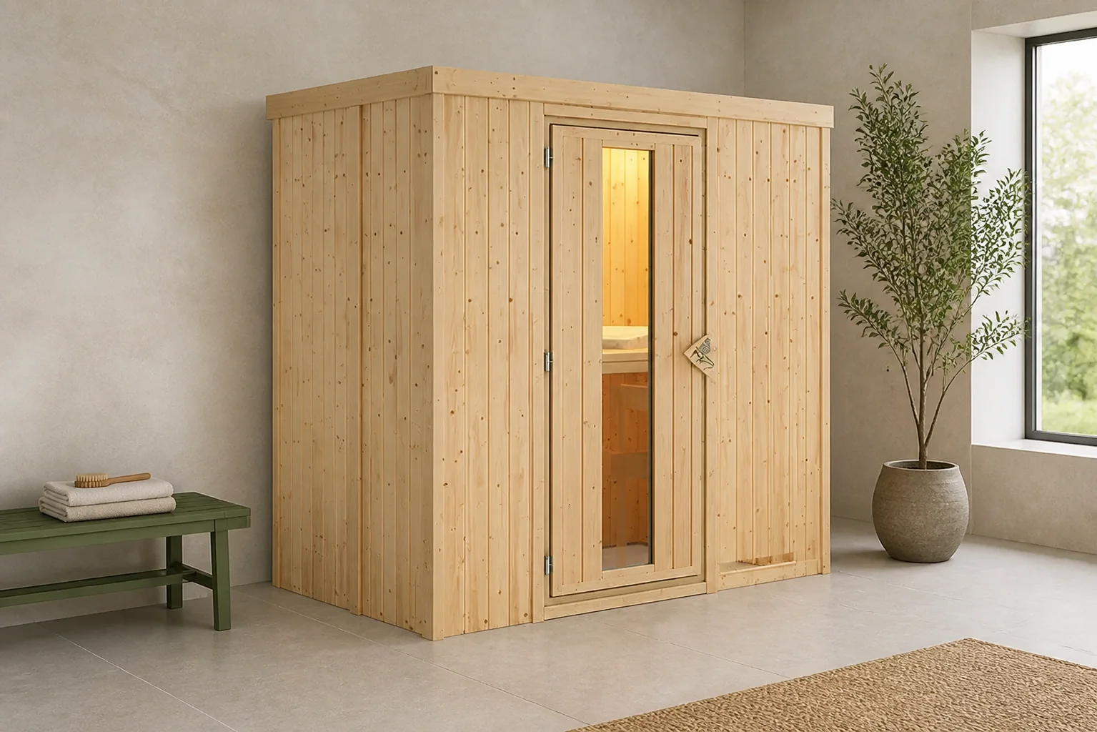 Sfeerfoto van Karibu | Variado Sauna met Dakkraag | Helderglas Deur | Kachel 9 kW Externe Bediening