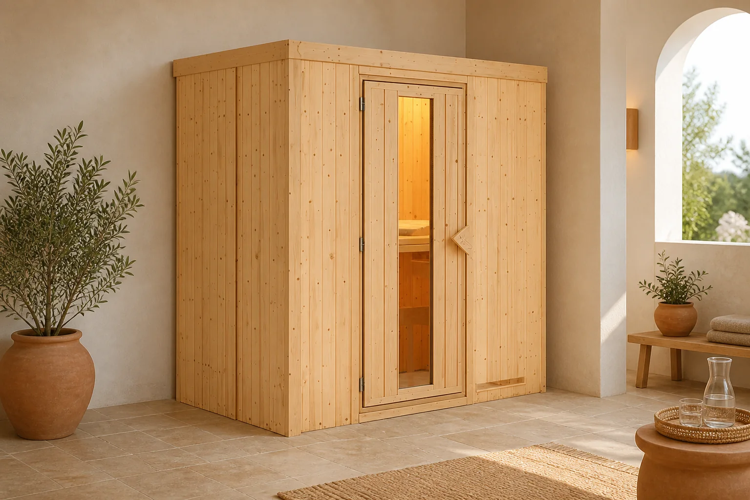 Sfeerfoto van Karibu | Nanja Sauna met Dakkraag | Energiesparende Deur | Biokachel 3,6 kW Externe Bediening
