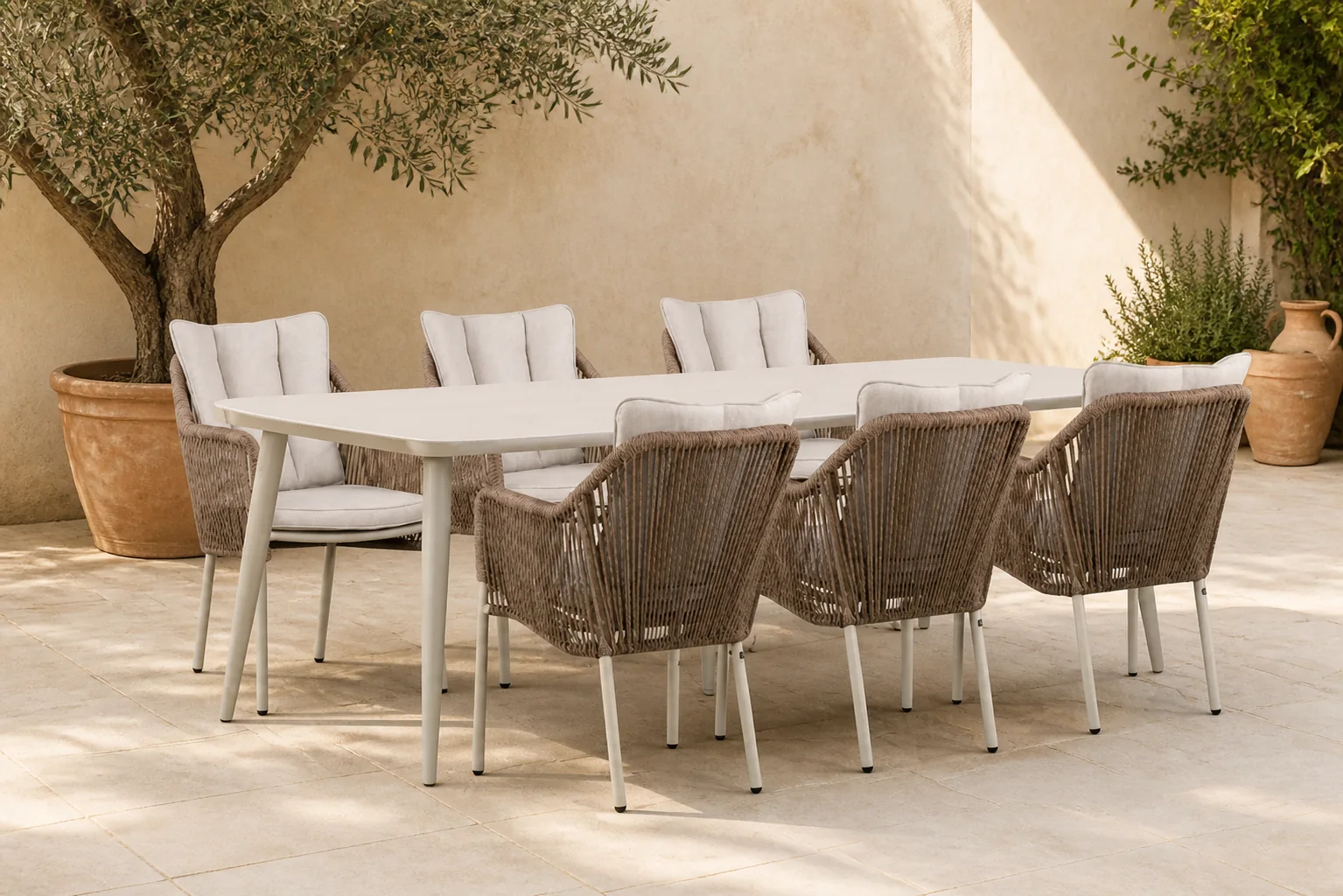 Sfeerfoto van De Laan Projects Lifestyle Marbella/Vienna 240 cm dining tuinset 7-delig – Taupe-naturel-bruin