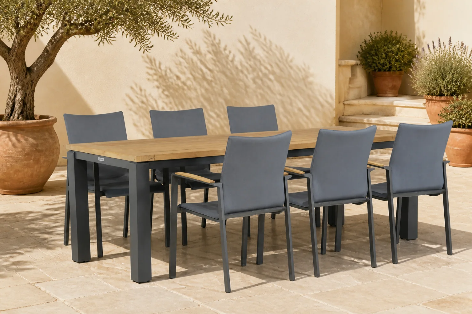 Sfeerfoto van Lifestyle Garden Furniture Brandon/Veneto 230 cm dining tuinset 7-delig – Grijs-antraciet