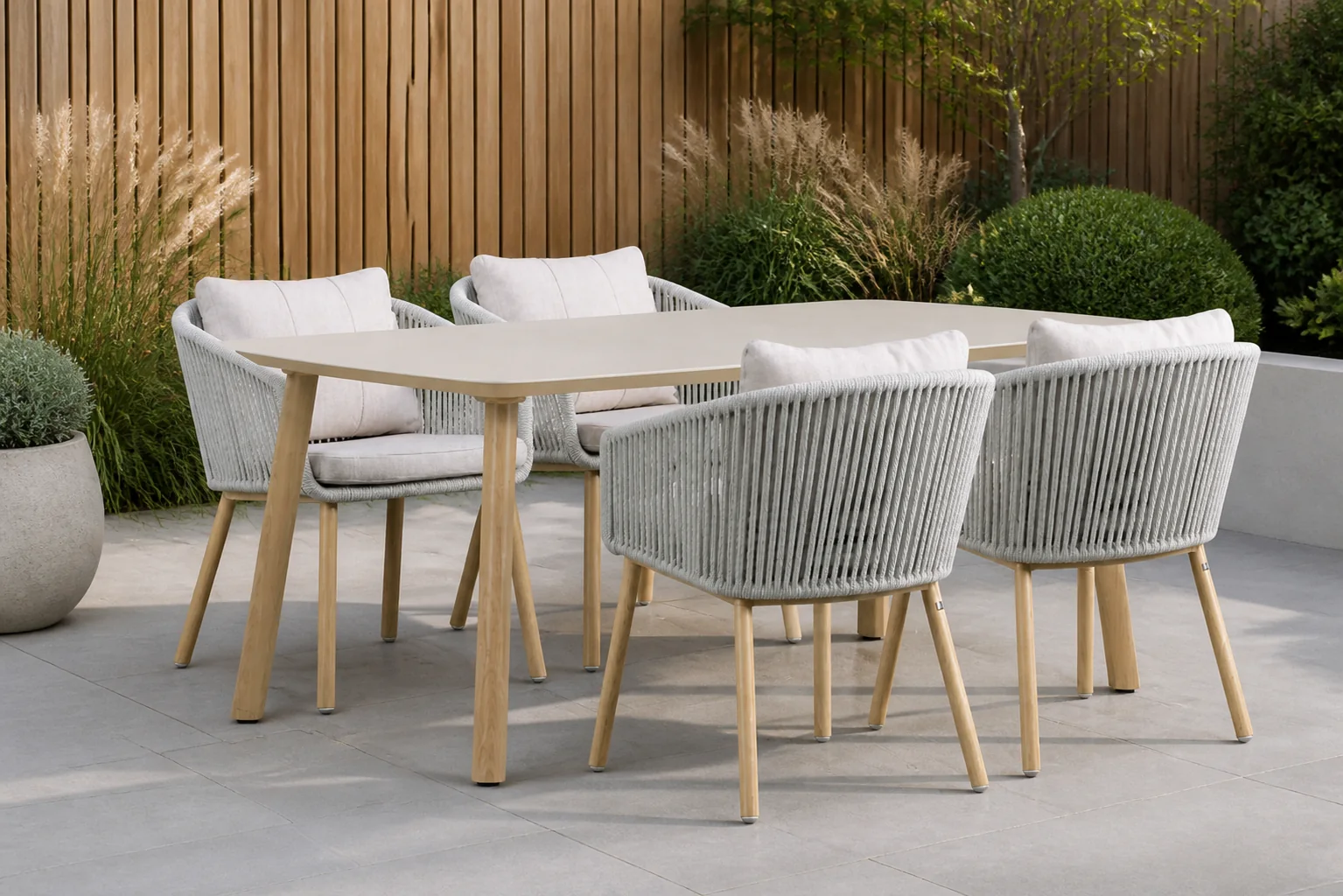 Sfeerfoto van Lifestyle Garden Furniture Bloom/Bloom 180 cm dining tuinset 5-delig – Grijs-antraciet