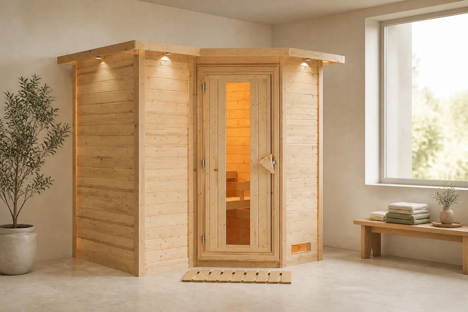 Sfeerfoto van Karibu | Sahib 2 Sauna met Dakkraag | Bronzeglas Deur