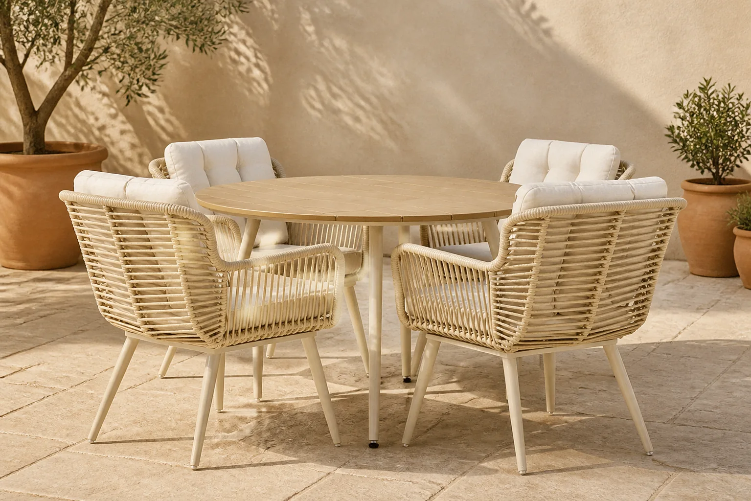 Sfeerfoto van Coco Custa/Matale 125 cm dining tuinset 5-delig – Taupe-naturel-bruin