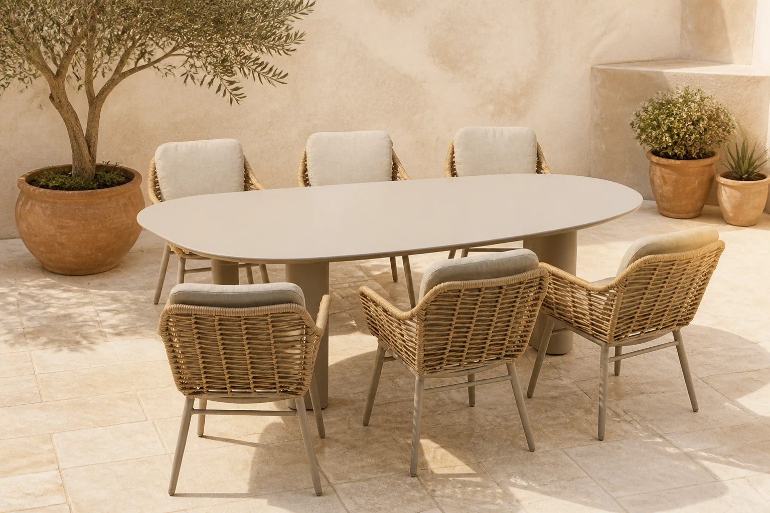 Sfeerfoto van Coco Antoni/Weave 240 cm dining tuinset 7-delig – Taupe-naturel-bruin