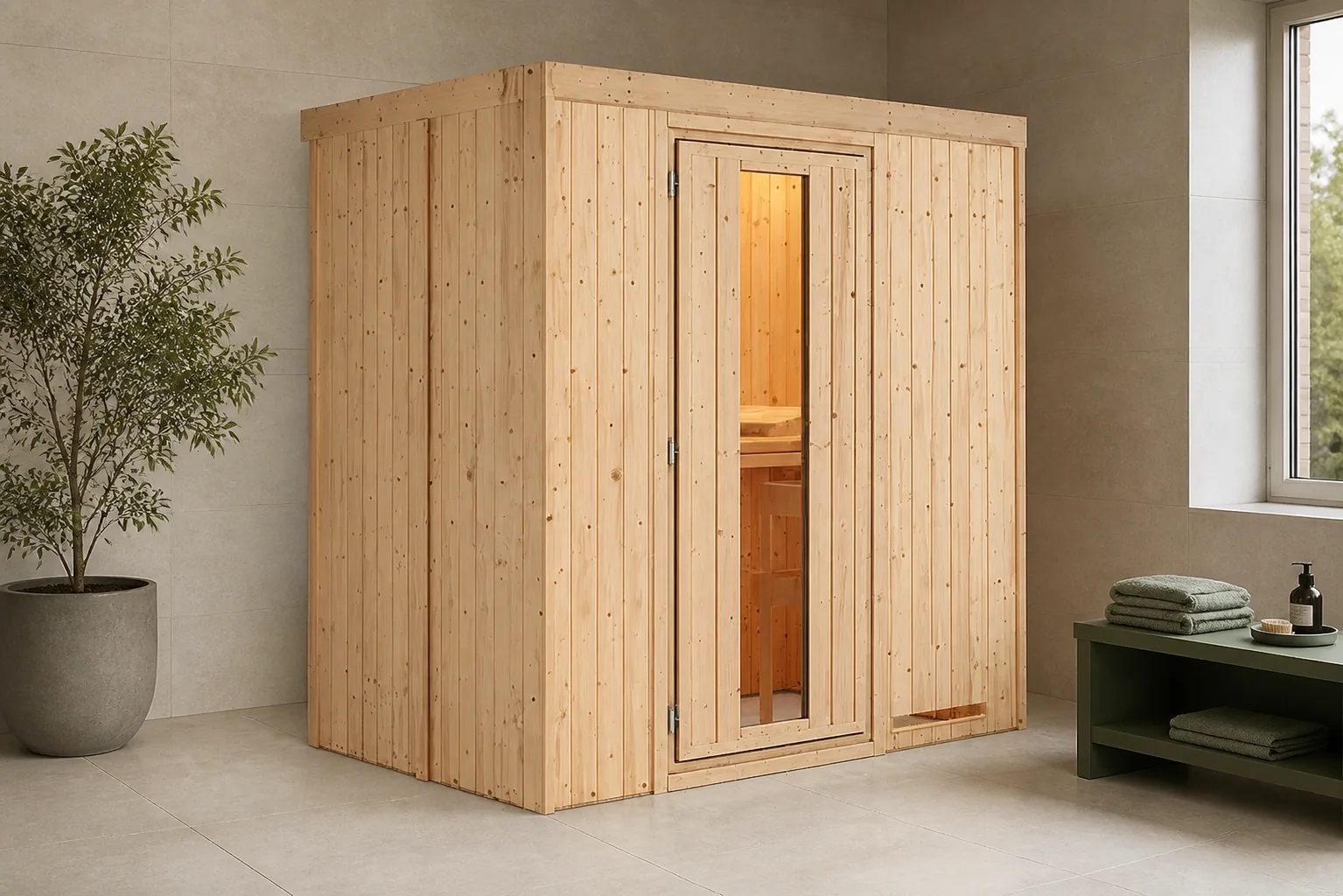 Sfeerfoto van Karibu | Variado Sauna | Energiesparende Deur | Biokachel 9 kW Externe Bediening