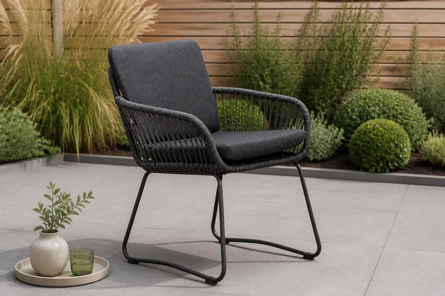 Sfeerfoto van BUITEN living Harper dining tuinstoel | touw + rvs | Lava Grey – Antraciet