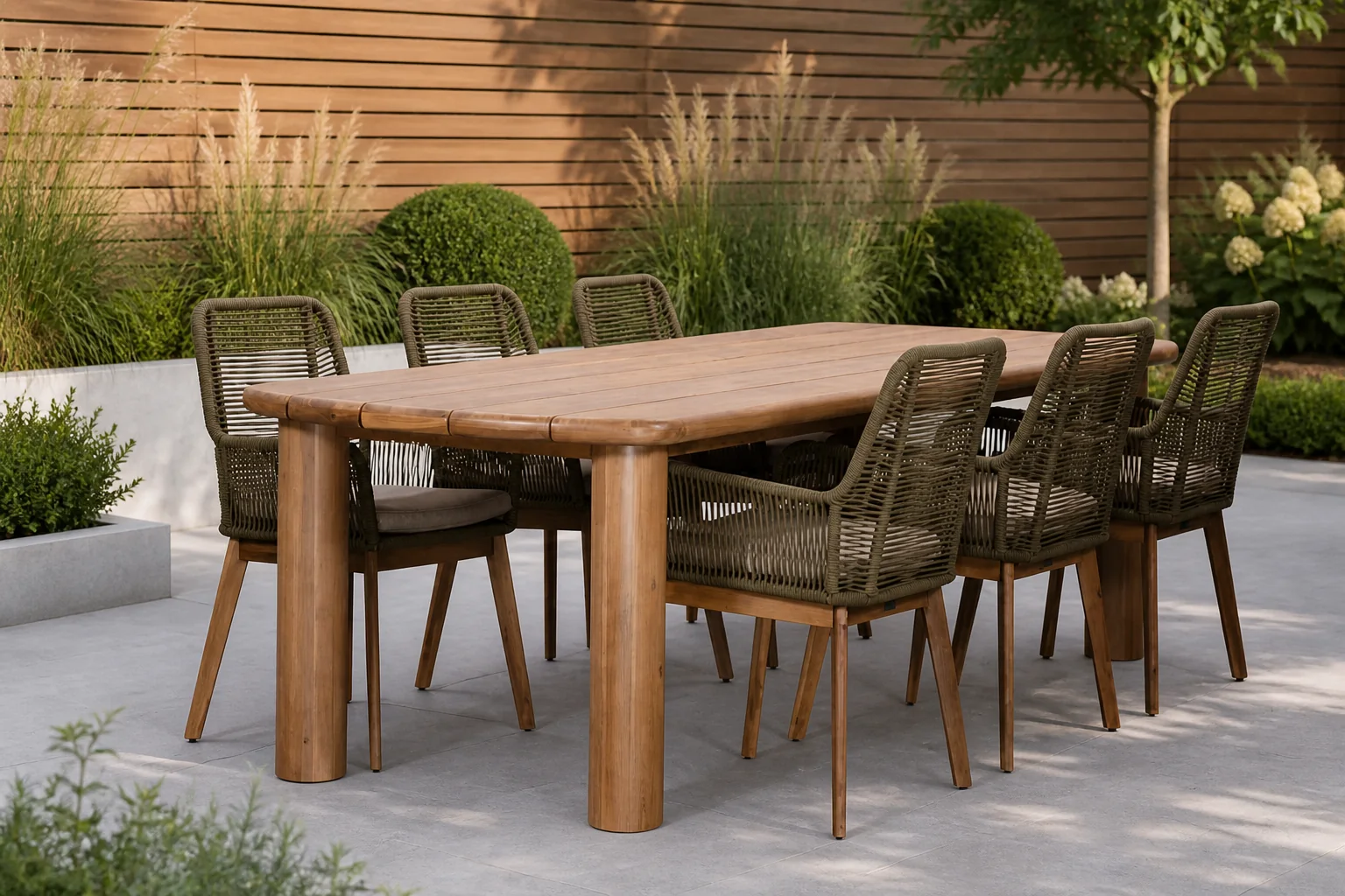 Sfeerfoto van BUITEN living Laredo/Padua olijfgroen dining tuinset | 6 personen | hardhout + touw | 255cm