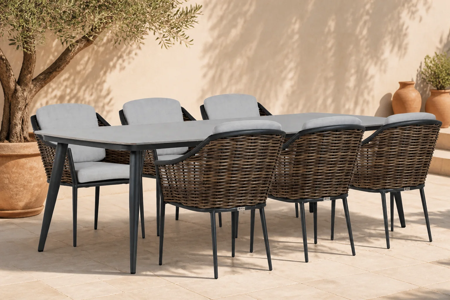 Sfeerfoto van Coco Olivine/Vienna 240 cm dining tuinset 7-delig – Grijs-antraciet