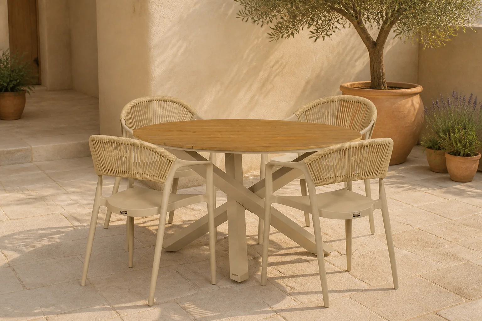 Sfeerfoto van Domani Furniture Toscano/Ancona 125 cm dining tuinset 5-delig – Taupe-naturel-bruin