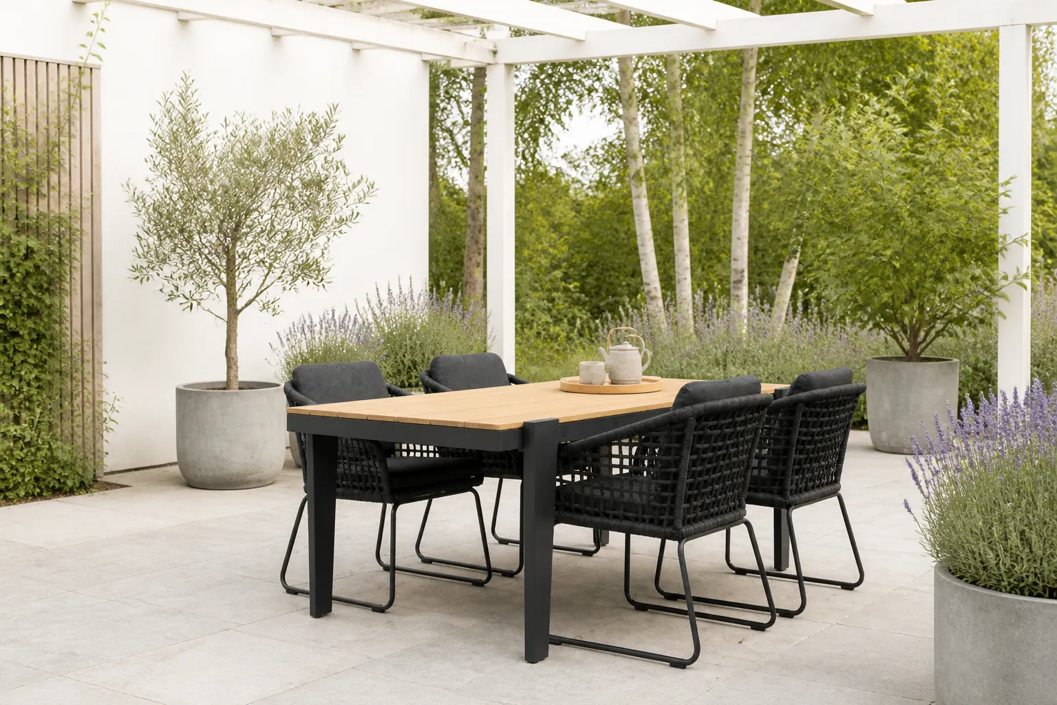 Sfeerfoto van LUX outdoor living Vigo/Tulum Lava Grey dining tuinset | 4 personen | teakhout + touw | 200cm – Grijs