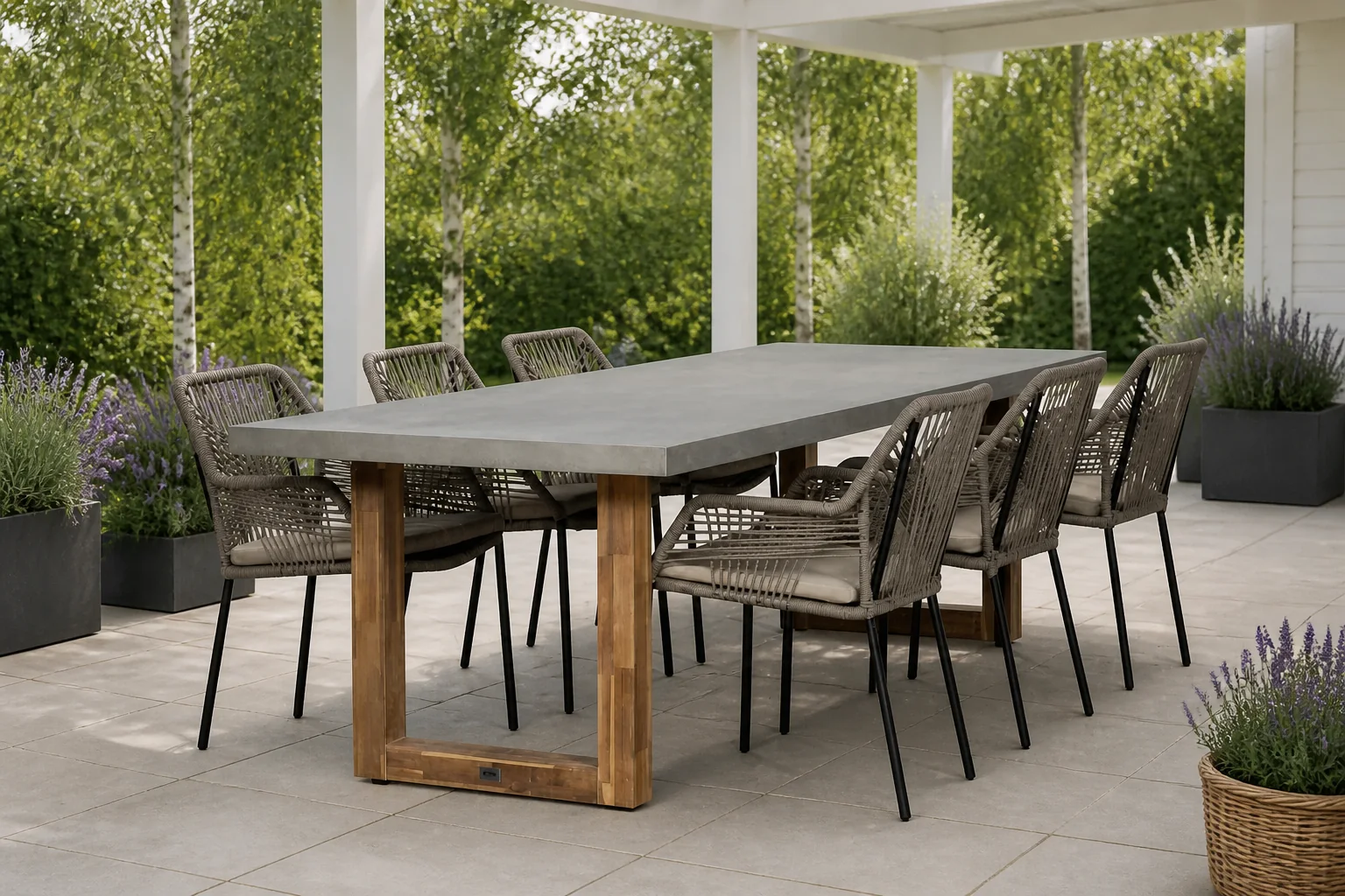Sfeerfoto van BUITEN living Lausanne/Seville zand dining tuinset | 6 personen | betonlook + touw | 250cm - Taupe - Naturel - Bruin, Betonlook