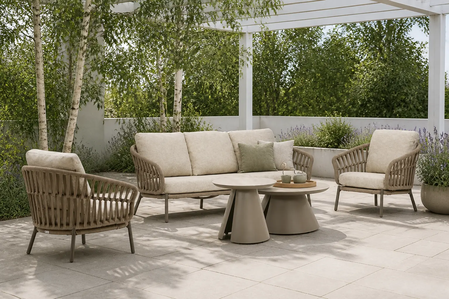 Sfeerfoto van Coco Viento/Cayora 50/80 cm stoel-bank loungeset 5-delig – Zand/Beige