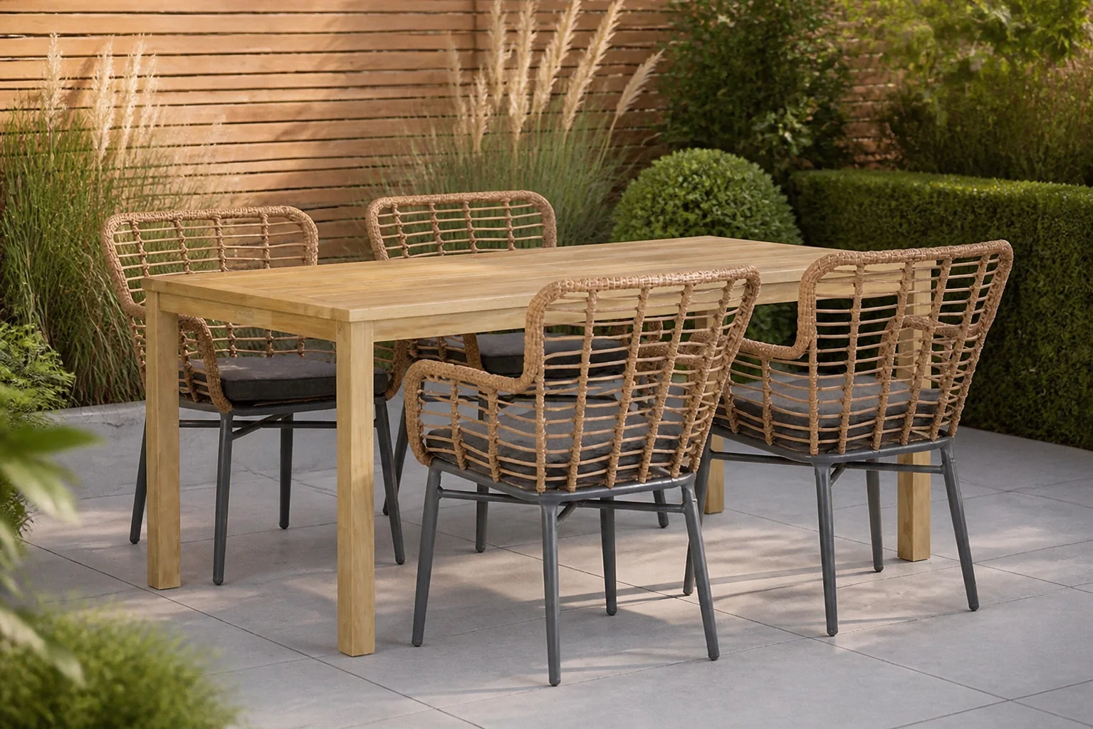 Sfeerfoto van De Laan Projects Laan Toledo/Weston 160 cm dining tuinset 5-delig – Taupe-naturel-bruin
