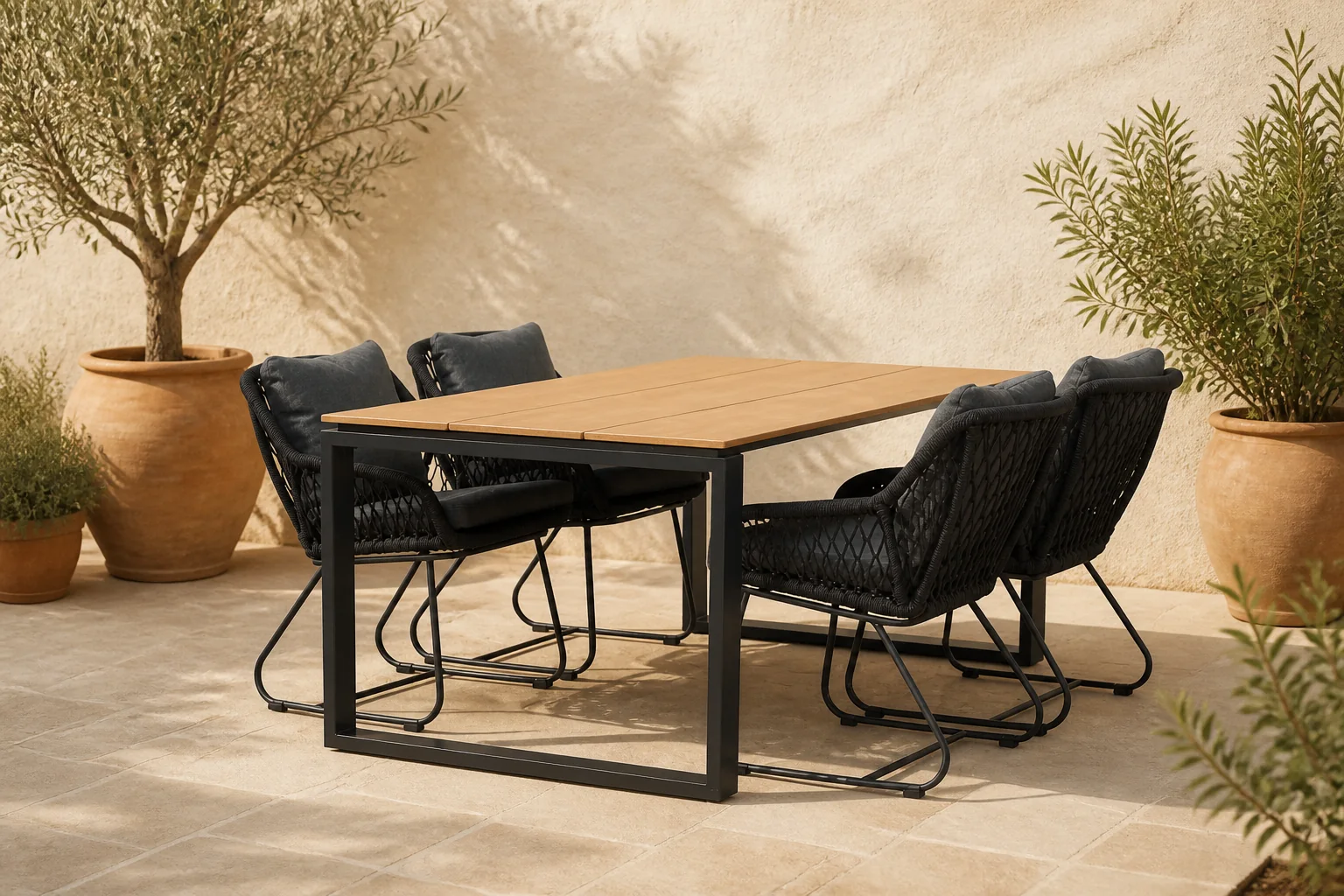 Sfeerfoto van LUX outdoor living Helsinki Natural/Portofino zwart dining tuinset | 4 personen | polywood + touw | 160cm – Light Teak, Zwart