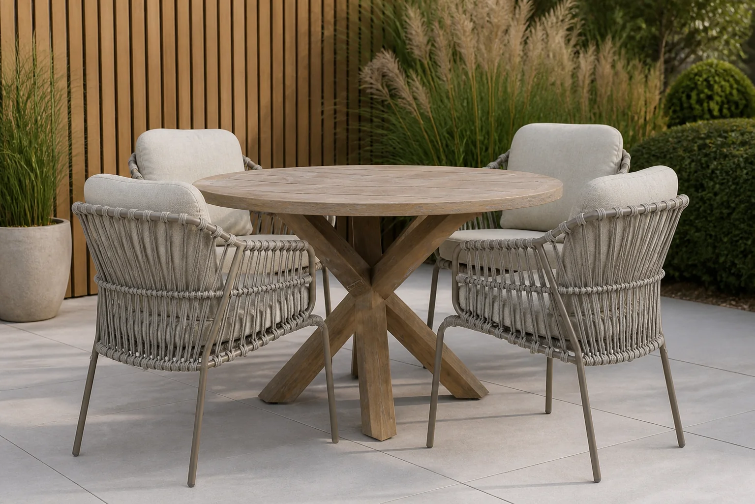 Sfeerfoto van 4 Seasons Outdoor Capalbio/Sand City 120 cm dining tuinset 5-delig – Taupe-naturel-bruin