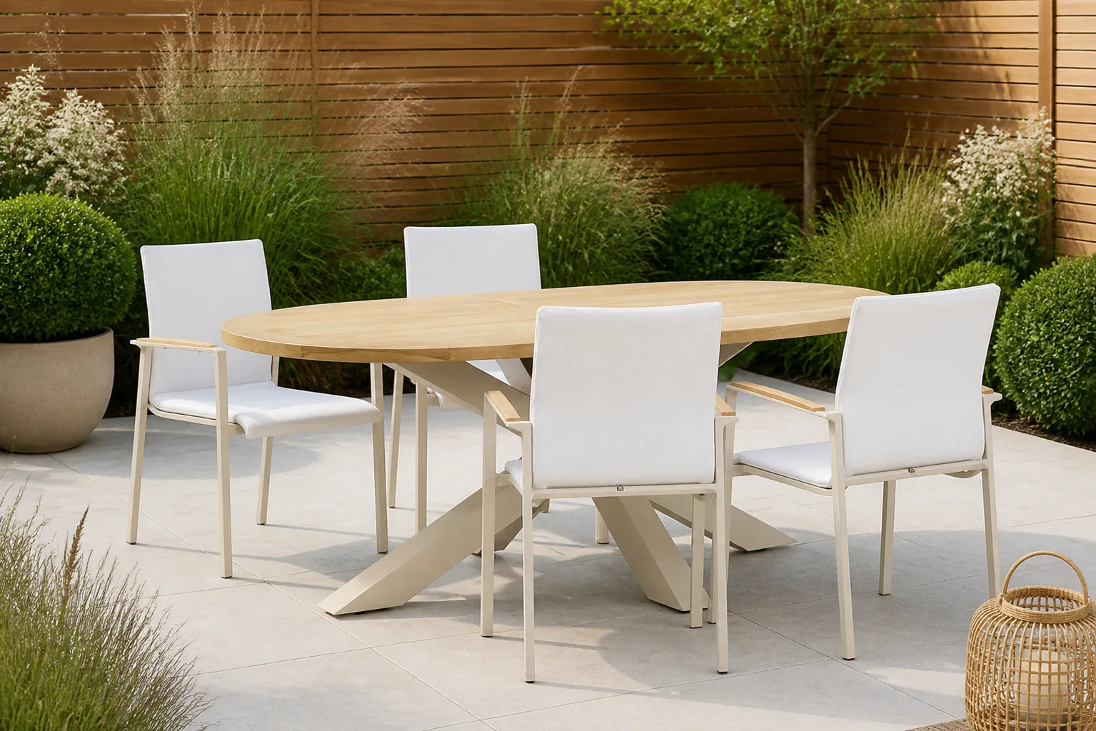 Sfeerfoto van Lifestyle Garden Furniture Brandon/Brookline 200 cm dining tuinset 5-delig – Taupe-naturel-bruin