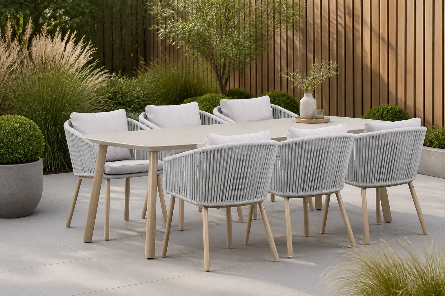 Sfeerfoto van Lifestyle Garden Furniture Bloom/Bloom 240 cm dining tuinset 7-delig – Grijs-antraciet