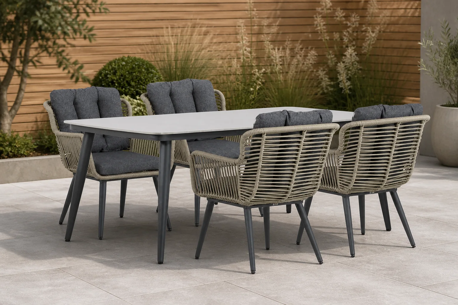 Sfeerfoto van Coco Custa/Vienna 180 cm dining tuinset 5-delig – Taupe-naturel-bruin
