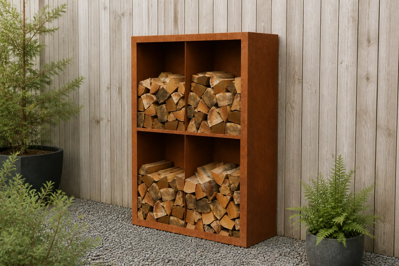 Sfeerfoto van Geroba Egura cortenstaal Houtopslag 4 vakken met achterwand L100 x B38,5 x H150 cm – bruin