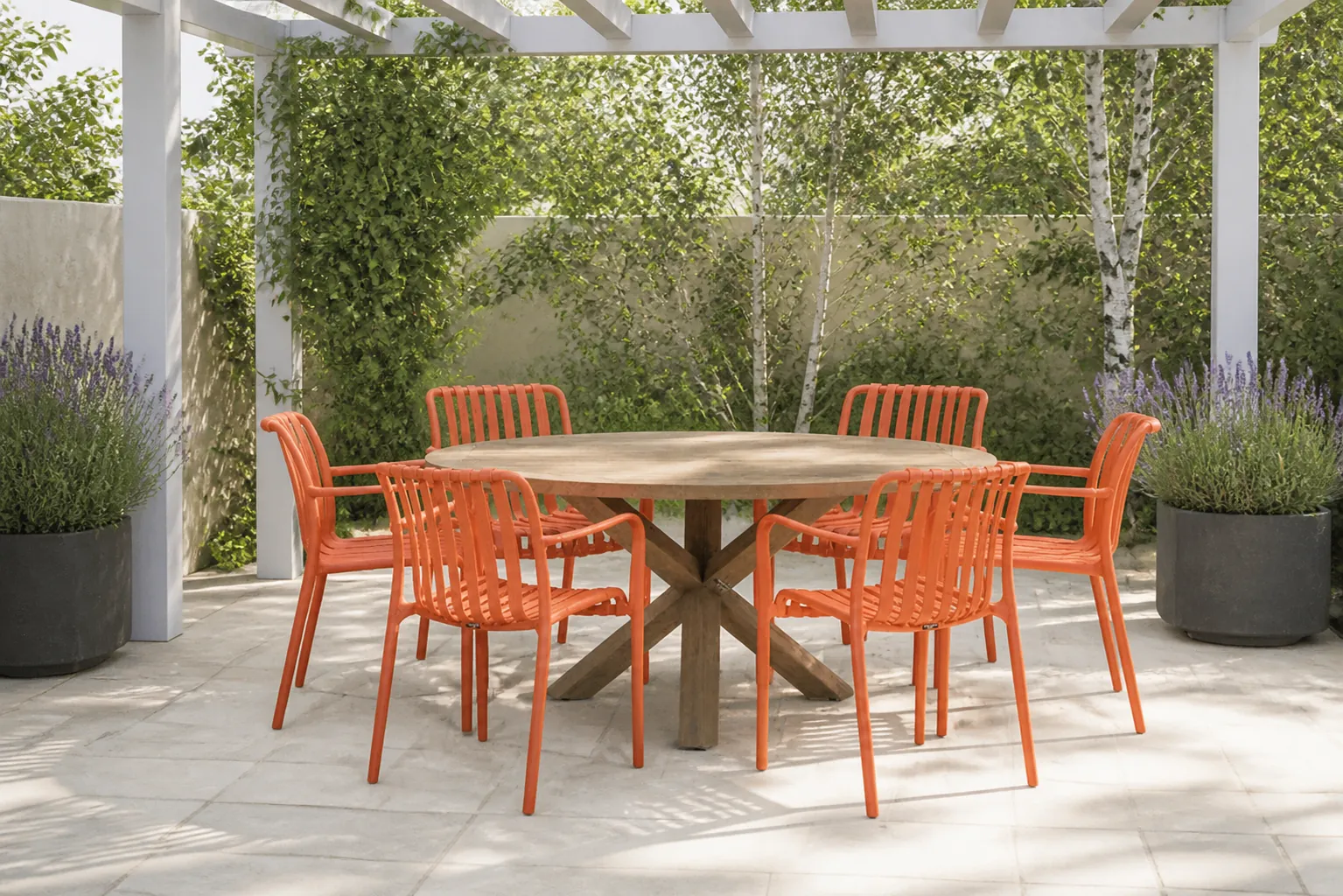 Sfeerfoto van Domani Furniture Alba/Sand City 160 cm dining tuinset 7-delig – Oranje