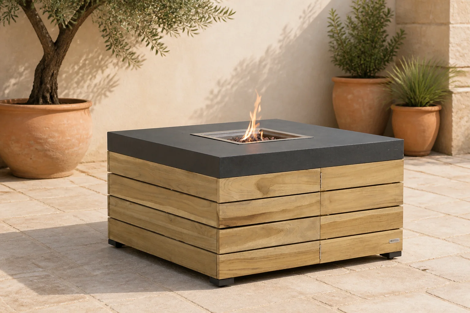 Sfeerfoto van Lifestyle Garden Furniture Newton lounge vuurtafel 95 x 95 cm – Old teak greywash
