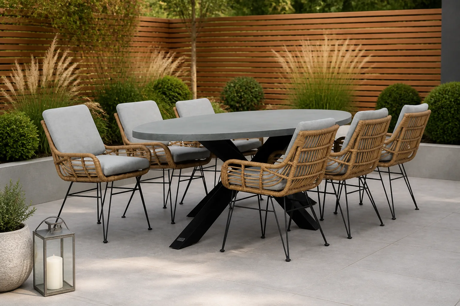 Sfeerfoto van BUITEN living Stockholm/Carlos taupe dining tuinset | 6 personen | betonlook + wicker | 240cm ovaal – Zwart