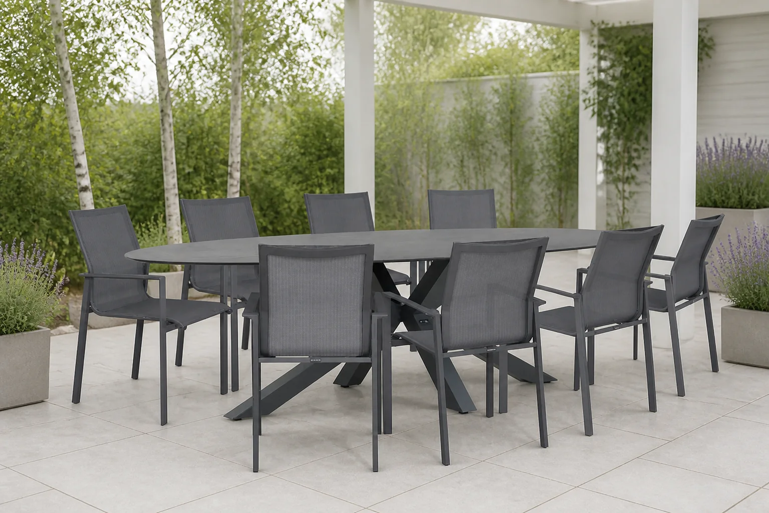 Sfeerfoto van Lifestyle Garden Furniture Timo/Ellisse 280×118 cm dining tuinset 9-delig – Grijs-antraciet