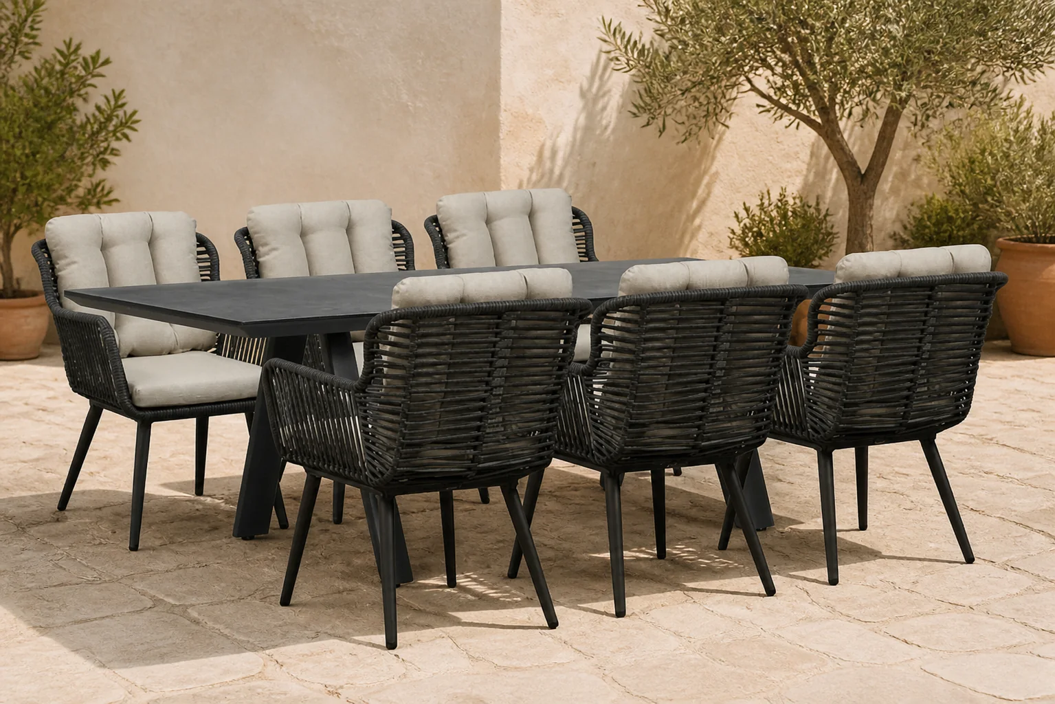 Sfeerfoto van Coco Custa/Monza 230×100 cm dining tuinset 7-delig – Grijs-antraciet