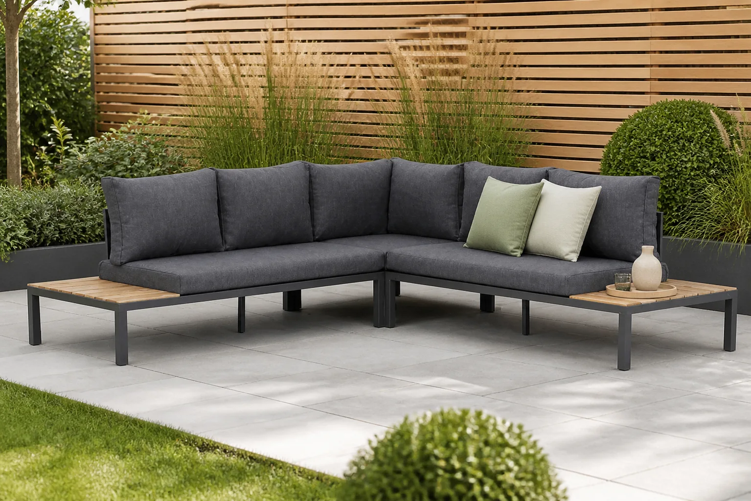 Sfeerfoto van Lifestyle Palm Beach hoek loungeset 3-delig – Grijs-antraciet