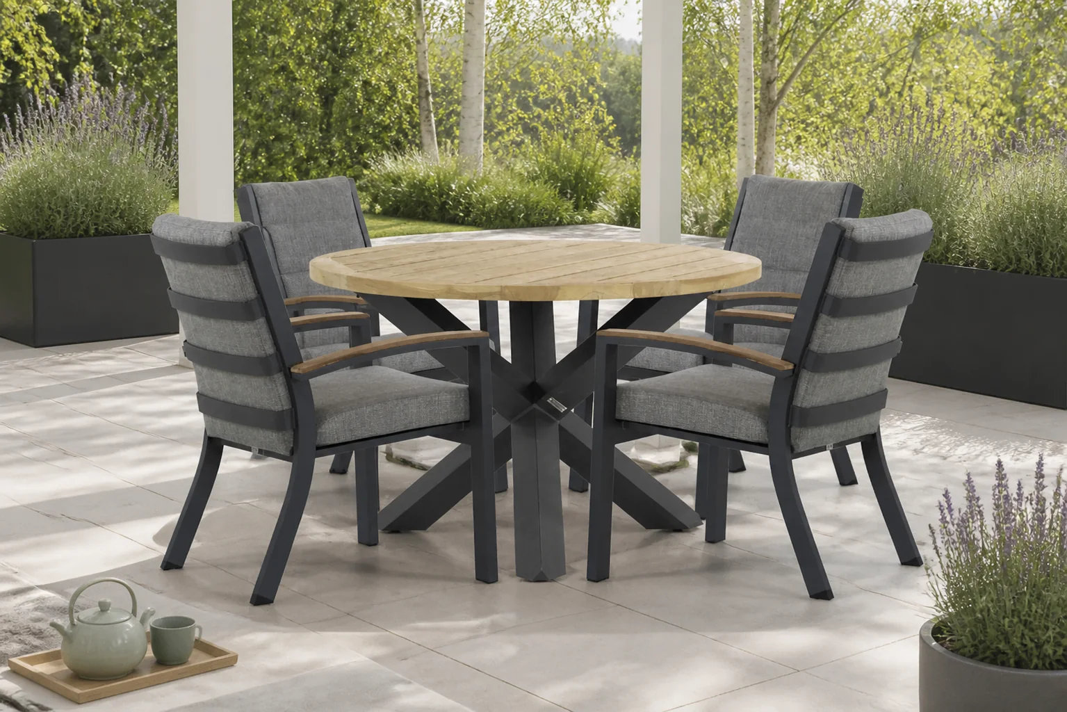 Sfeerfoto van Osmen Midura/Rockville 120 cm dining tuinset 5-delig – Grijs-antraciet