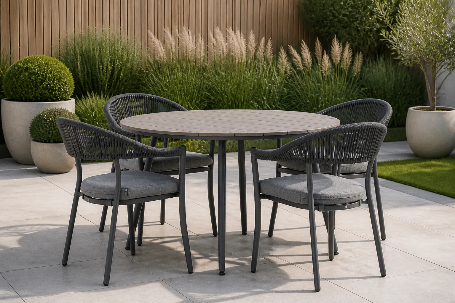 Sfeerfoto van Santika Furniture Vivian/Matale 125 cm rond dining tuinset 5-delig – Grijs-antraciet