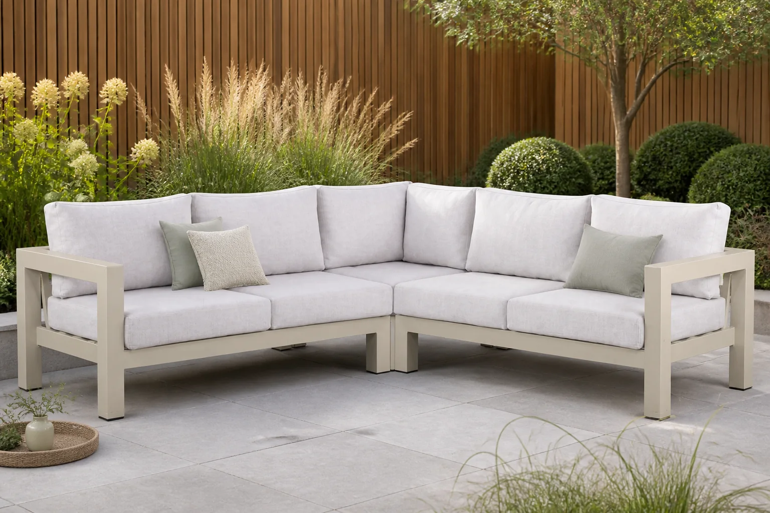 Sfeerfoto van Lifestyle Garden Furniture Luca hoek loungeset 3-delig – Taupe-naturel-bruin