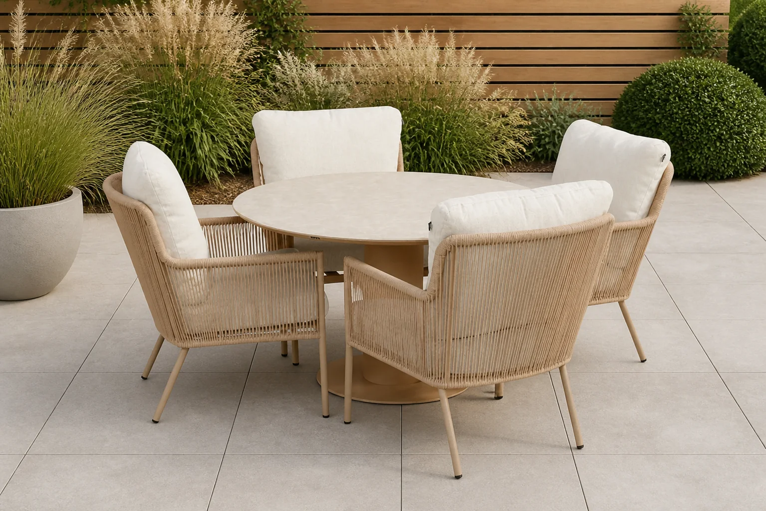 Sfeerfoto van Hartman Zaragoza/Zaragoza 120 cm dining tuinset 5-delig – Taupe-naturel-bruin