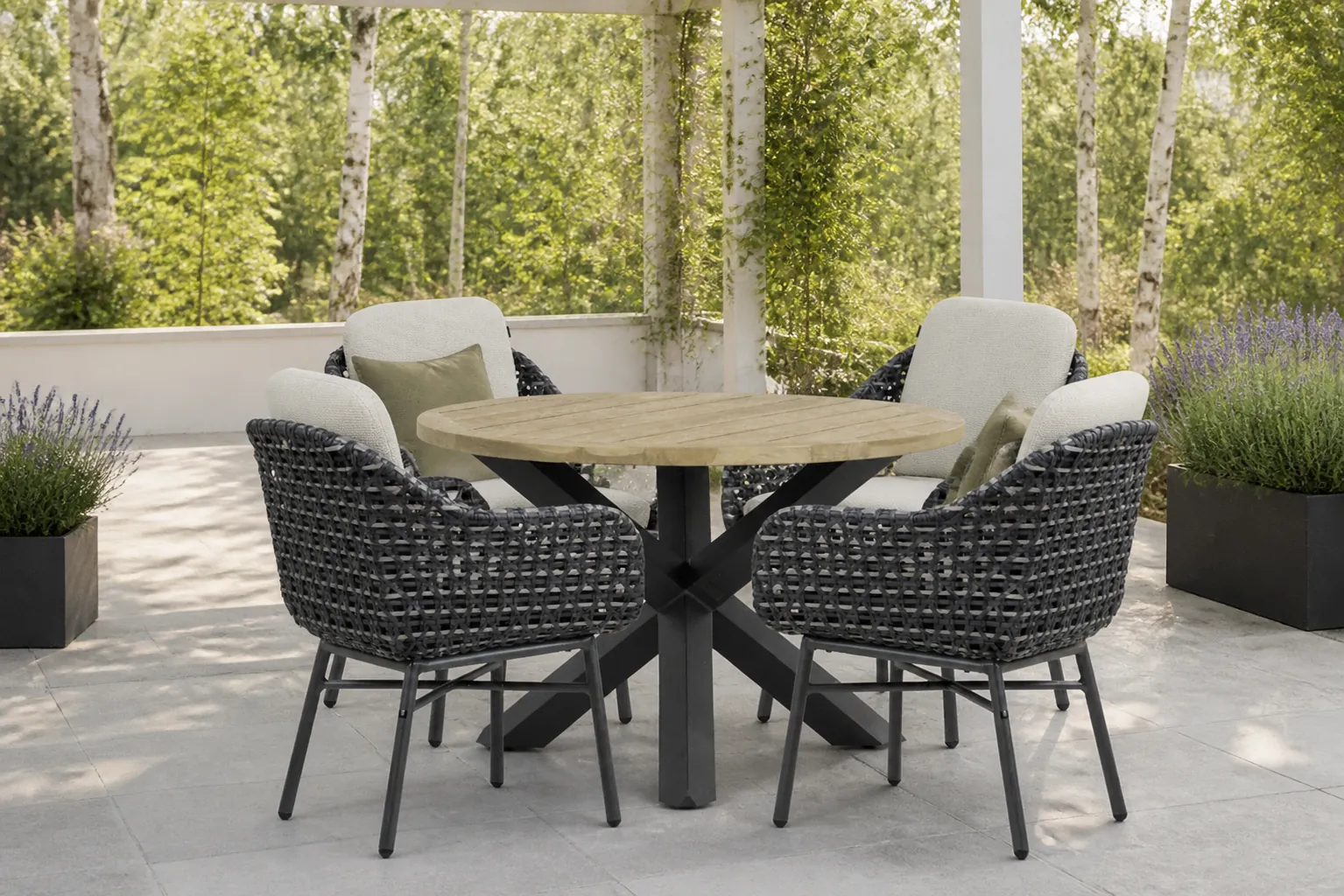 Sfeerfoto van Santika Furniture Yovan/Rockville 120 cm dining tuinset 5-delig – Grijs-antraciet