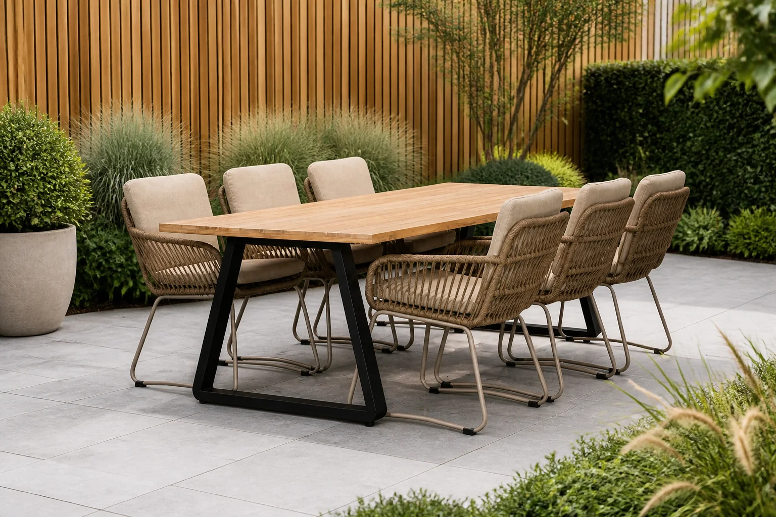 Sfeerfoto van LUX outdoor living Elena/Harper Sandstone dining tuinset | 6 personen | teakhout + touw | 240cm – Zand