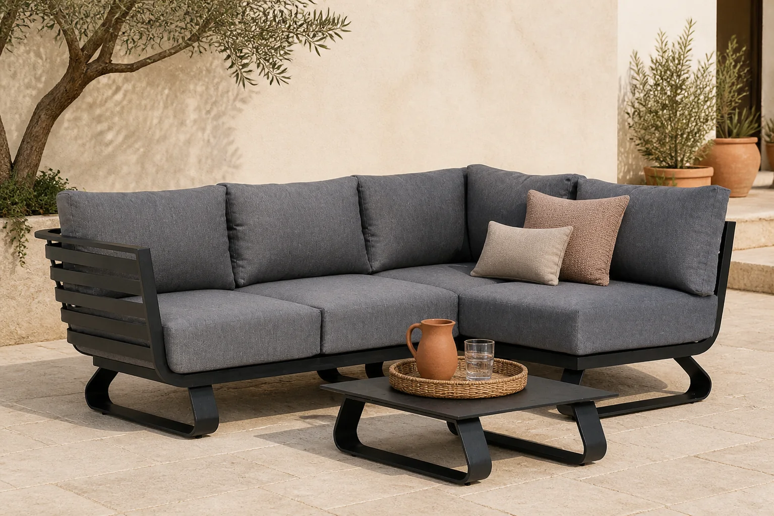 Sfeerfoto van Santika Furniture Sovita hoek loungeset 3-delig Quick Dry Foam – Grijs-antraciet