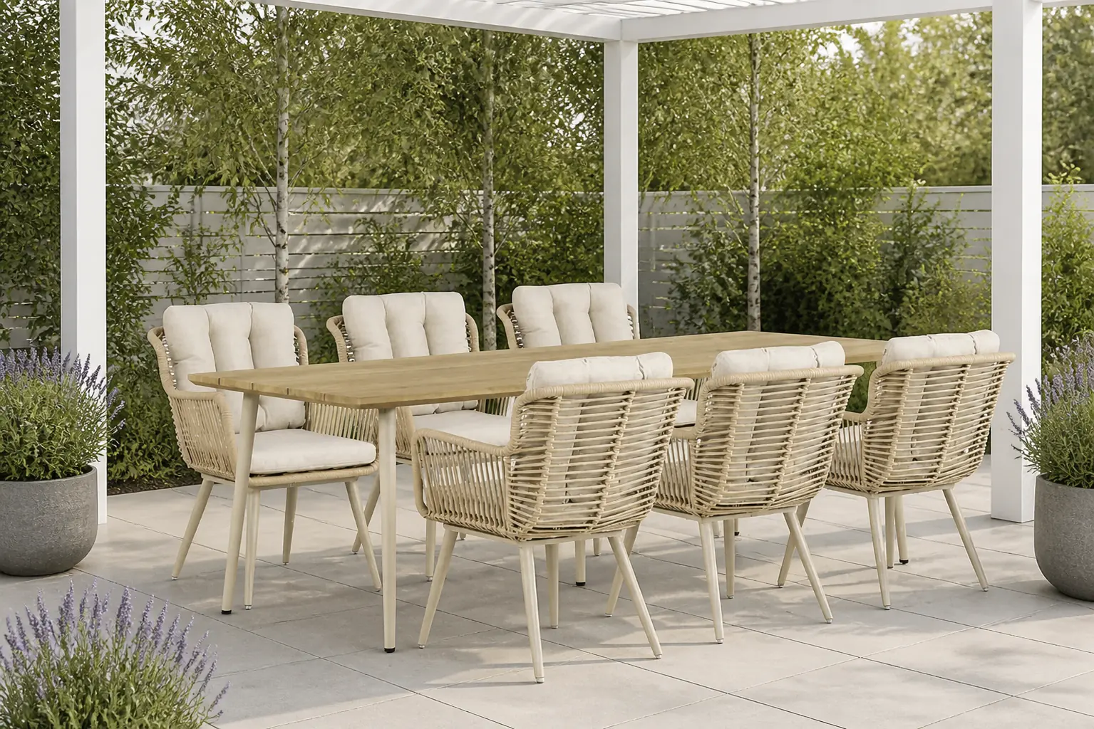Sfeerfoto van Coco Custa/Montana 240 cm dining tuinset 7-delig – Taupe-naturel-bruin