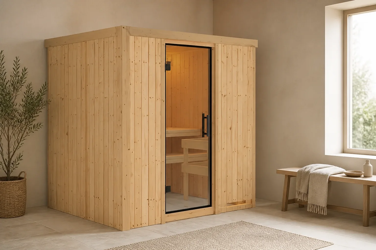 Sfeerfoto van Karibu | Bodin Sauna met Dakkraag | Energiesparende Deur