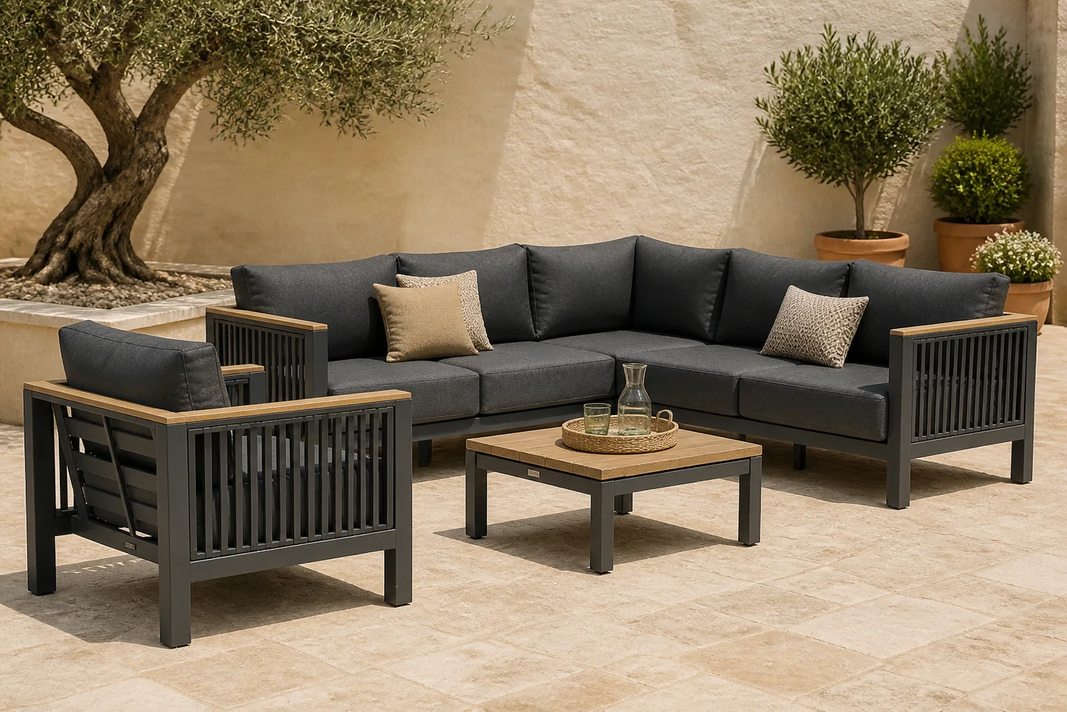 Sfeerfoto van Santika Furniture Shadow/Riviera 75 cm hoek loungeset 5-delig – Grijs-antraciet